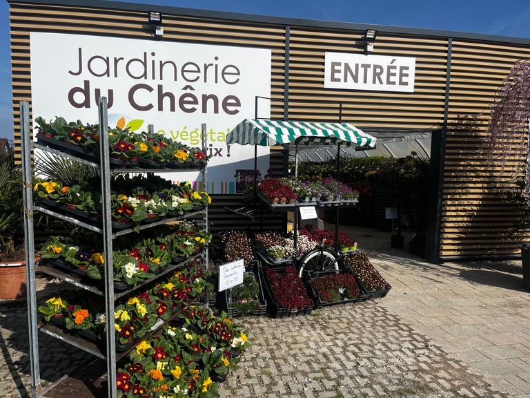 Storefront de Jardinerie du Chêne avec plantes fleuries colorées à l'extérieur et enseigne visible
