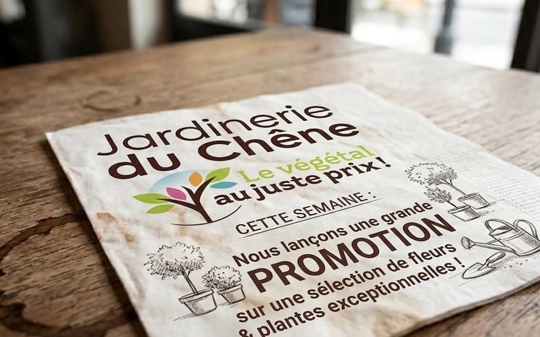 French gardening magazine or brochure titled Jardinerie du Chene lying on a wooden table with promotional offers visible